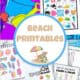 Four examples of free beach printables for kids.