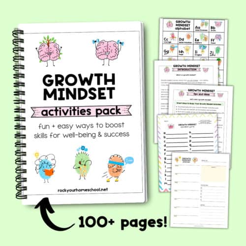 Growth Mindset Activities Pack cover with examples of A-Z poster, introduction, tips and ideas, alphabet game, and planner page.