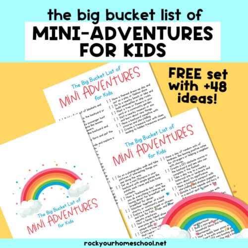 Examples of free printable big bucket list of mini-adventures for kids with rainbow.
