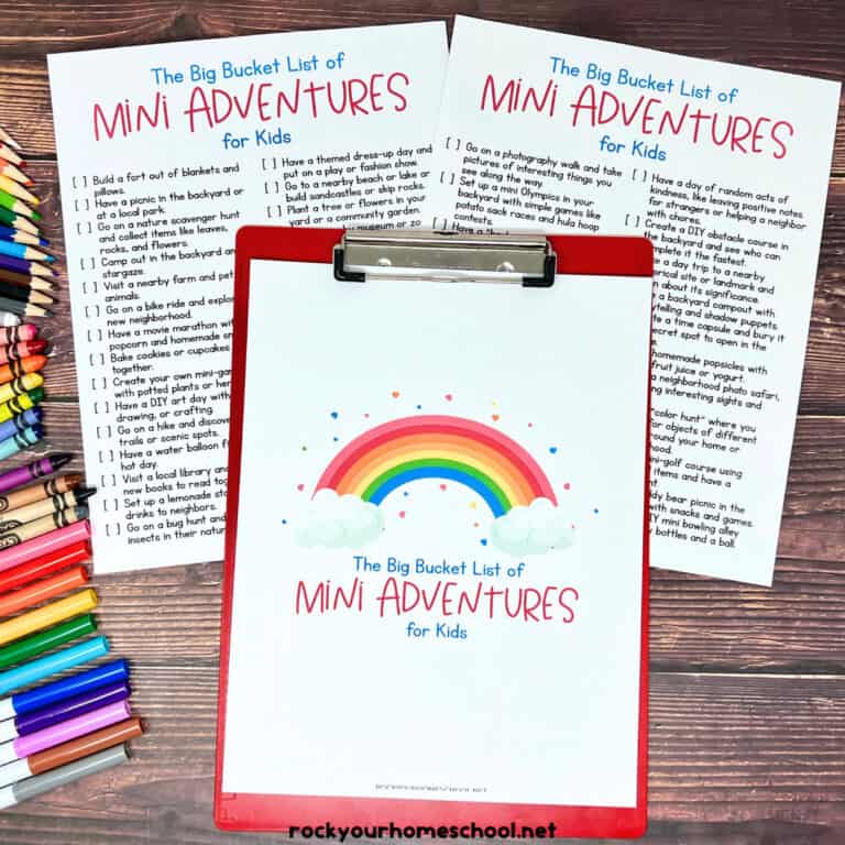 Cover of big bucket list of mini-adventures for kids plus two checklist of 48 ideas.