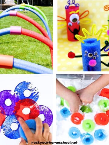 Four examples of pool noodle activities and crafts for kids with hoops, monster crafts, paint stamps, and sensory play.