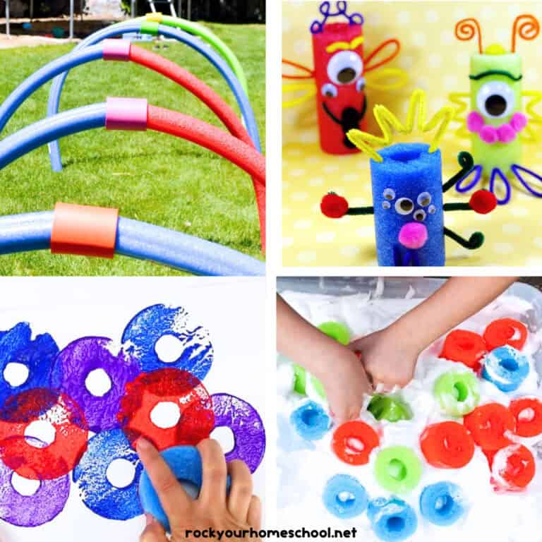Four examples of pool noodle activities and crafts for kids with hoops, monster crafts, paint stamps, and sensory play.