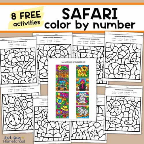 8 pages of safari color by number pages with answer key.