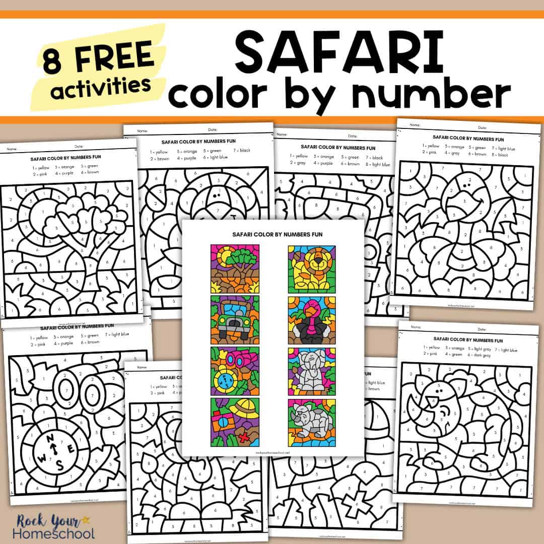 8 pages of safari color by number pages with answer key.