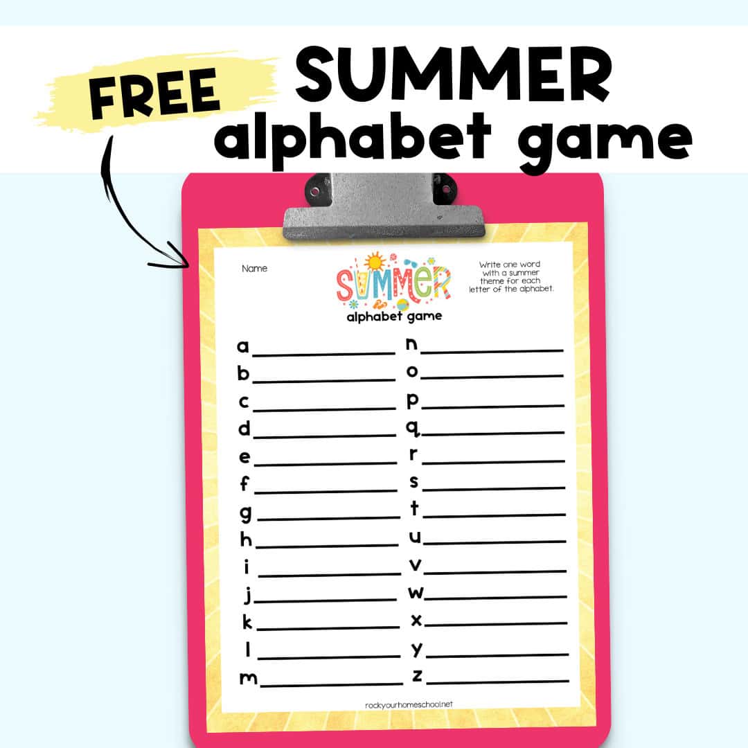 Free printable summer alphabet game on red clipboard.