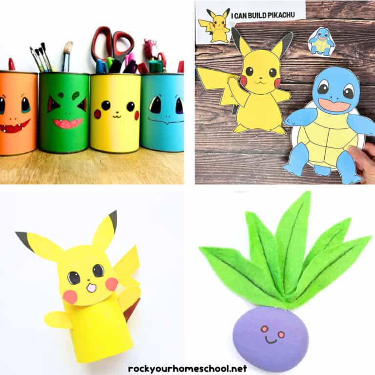4 examples of DIY Pokemon crafts for kids featuring Pikachu, Oddish, Squirtle, and more.