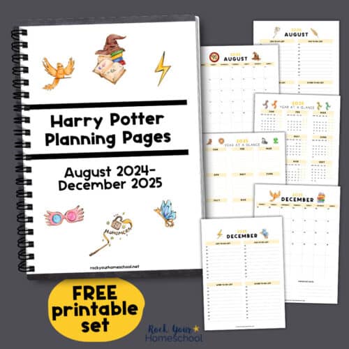Cover page of Harry Potter planning pages and examples from August 2024 through December 2025.