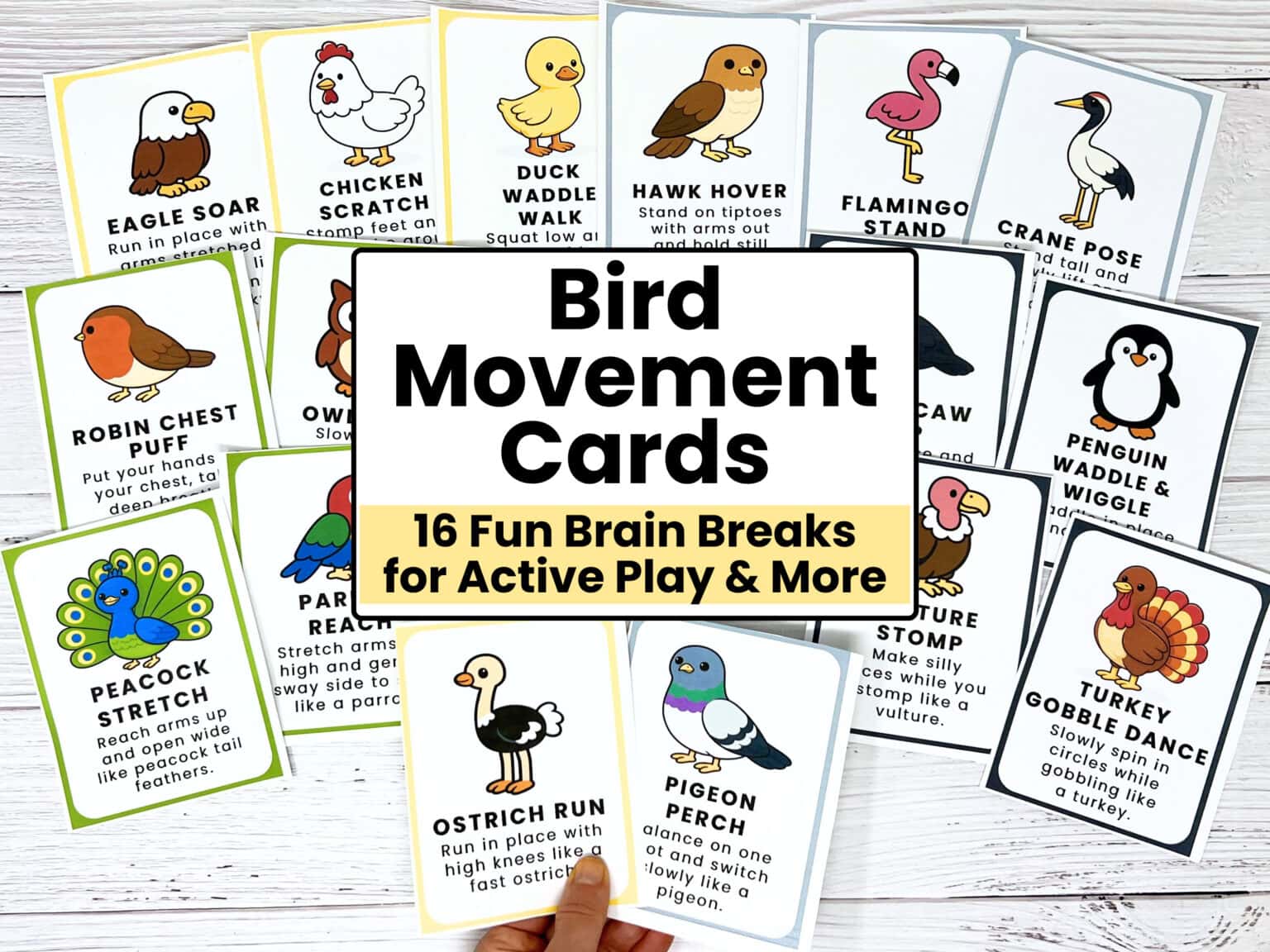 16 printable bird movement cards for kids.