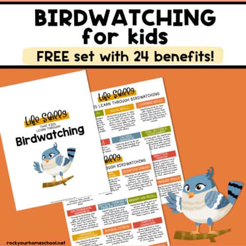 Examples of free printable life skills that kids learn through birdwatching with blue bird.