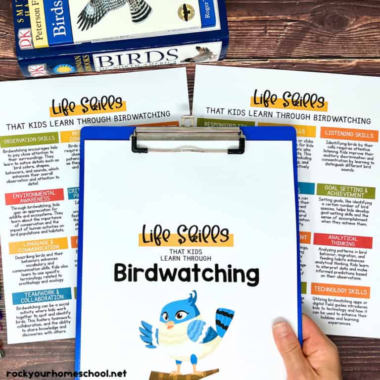 Woman holding blue clipboard with life skills learned through birdwatching for kids with examples and bird books in the background.