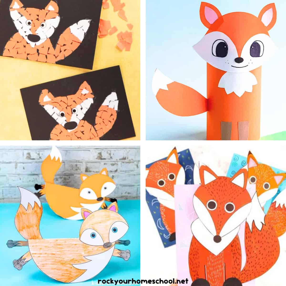 Examples of fox crafts for kids including paper collage, toilet paper roll tube, rocking craft, and 3D foxes.