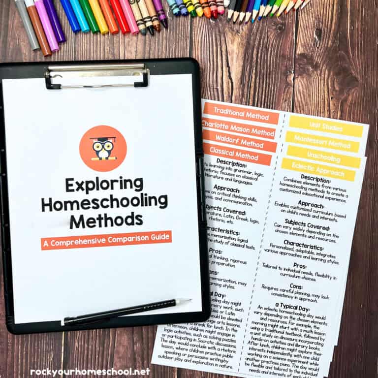 Quick start guide to homeschool methods on black clipboard.