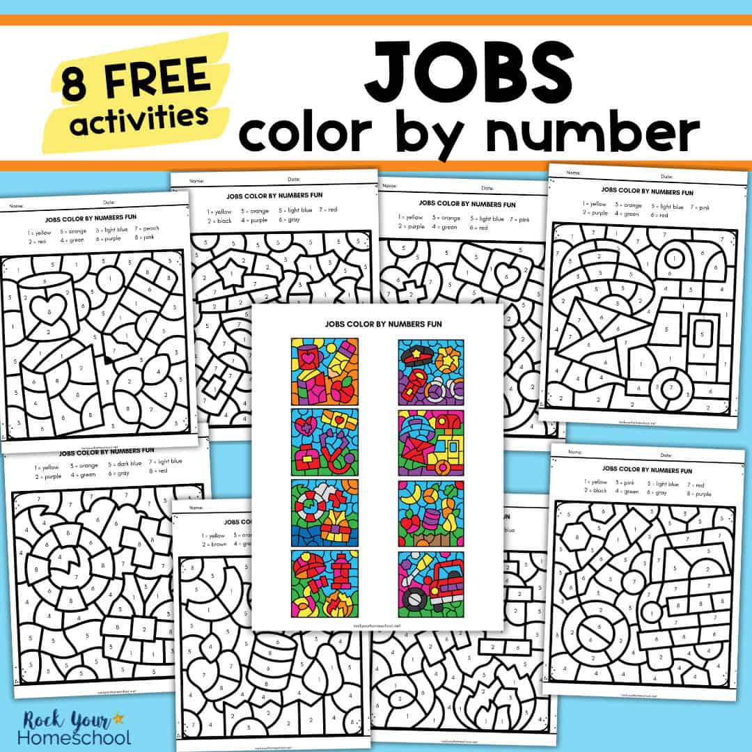 8 examples of jobs color by number pages with answer key.