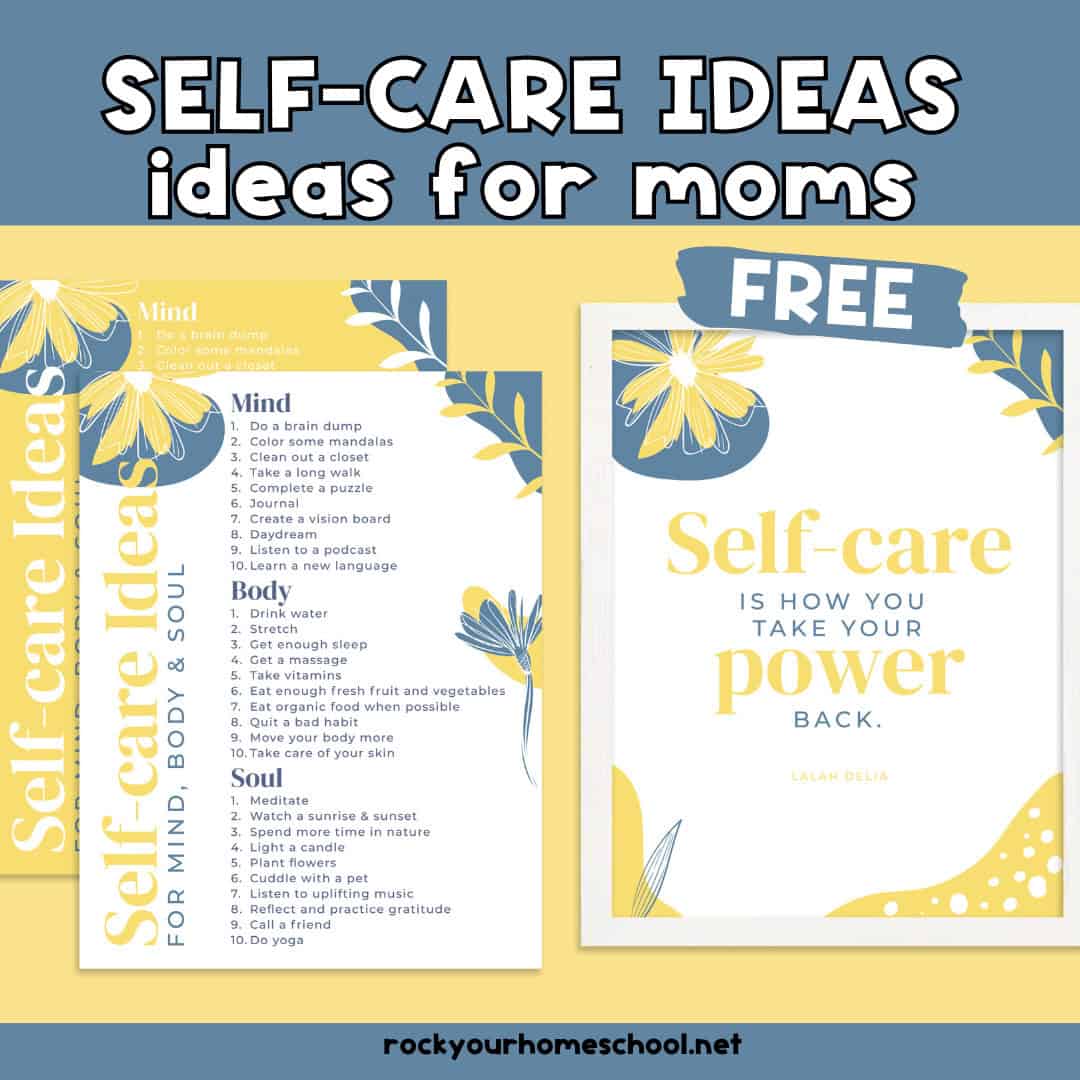 Examples of printable pages from self-care ideas for moms set.