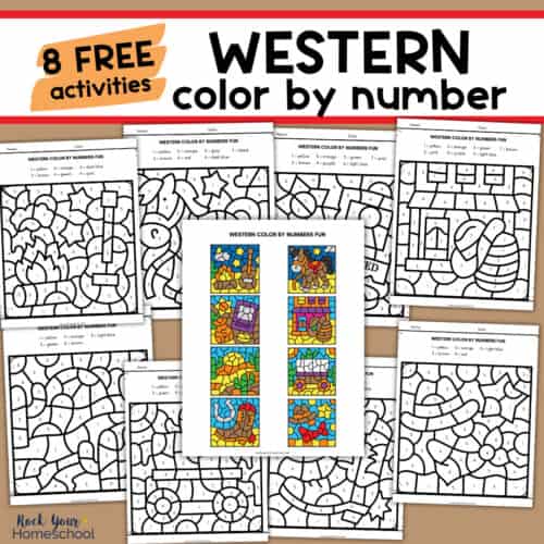 8 western color by number pages with answer key.