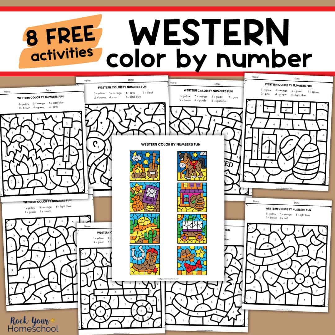 8 western color by number pages with answer key.