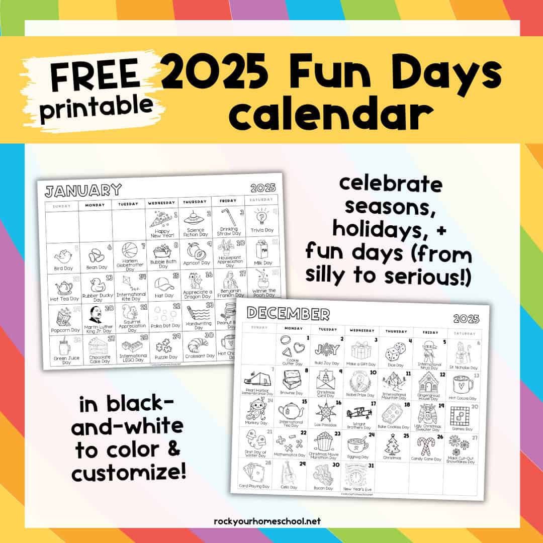 Examples of 2025 Fun Days Calendar with January and December on rainbow background.