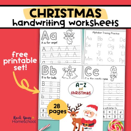 Examples of Christmas handwriting worksheets featuring Aa angel, Bb bells, Cc candy cane, chart, and cover with Santa and reindeer.