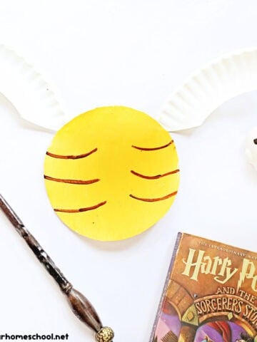 Example of easy paper plate Golden Snitch craft with wand and Harry Potter and the Sorcerer's Stone book.