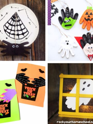 4 examples of Halloween handprint crafts for kids featuring spider on web, salt dough crafts with Frankenstein, jack-o-lantern, trick or treat bags, and ghost in window.