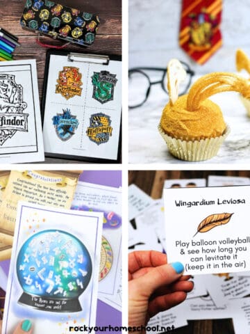 Examples of Harry Potter movie night ideas including Hogwarts Houses coloring pages, Golden Snitch cupcakes, wizard treasure hunt, and Harry Potter brain breaks.