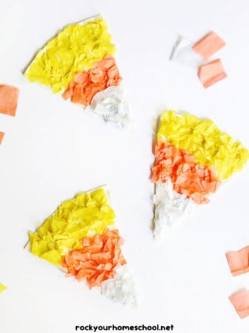 3 examples of candy corn paper plate craft made with yellow, orange, and white tissue paper.