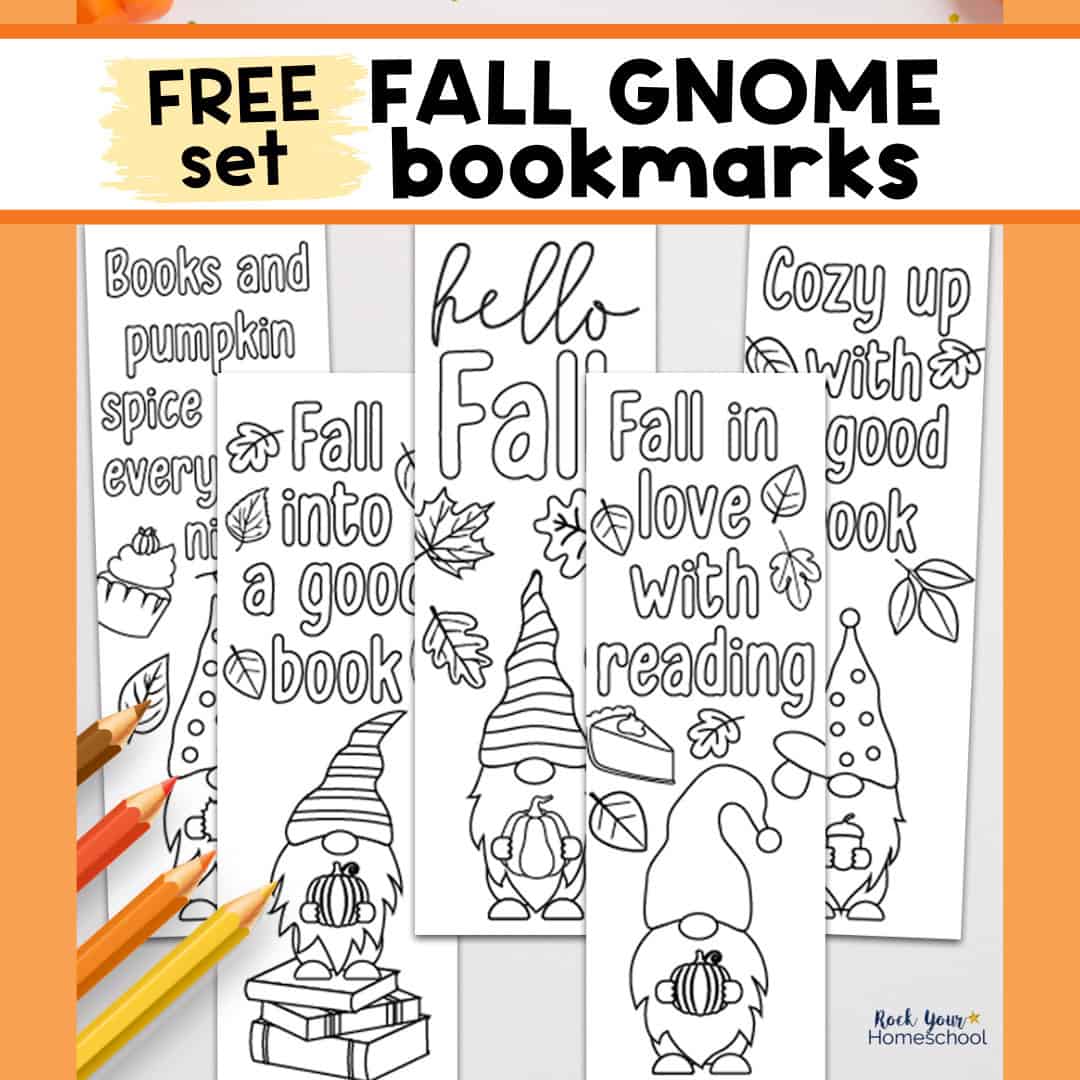Examples of fall coloring bookmarks featuring gnomes.