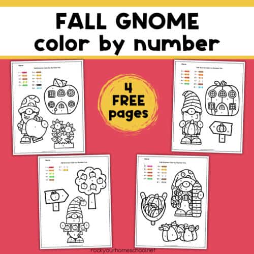 4 examples of fall gnome color by number pages.