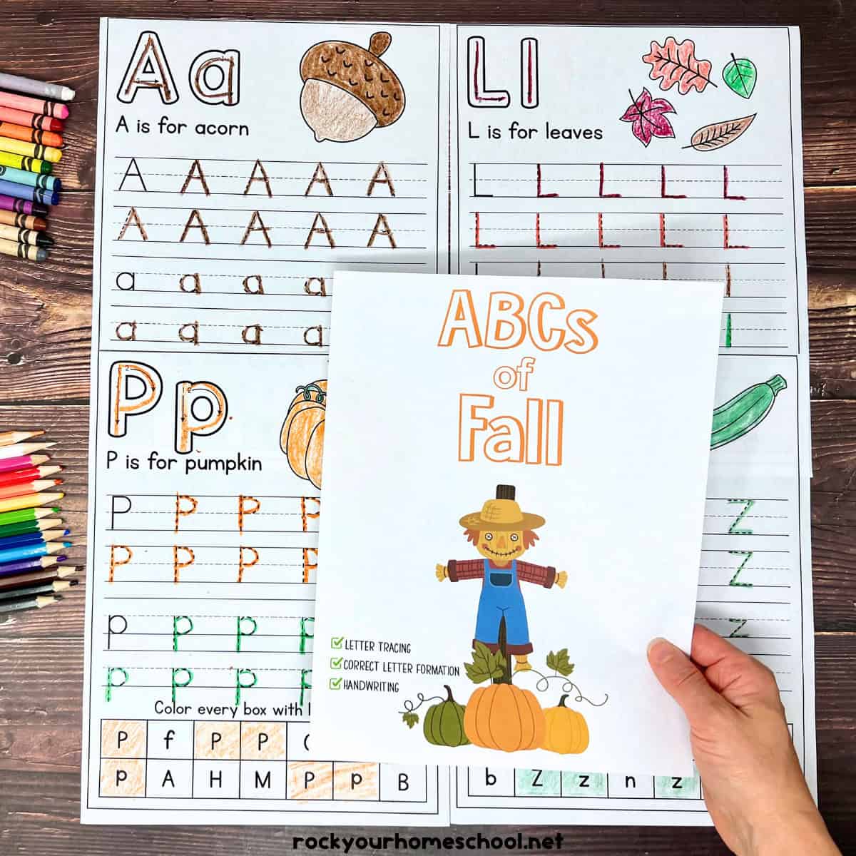 Woman holding cover of ABCs of Fall print handwriting worksheets pack with examples of A, L, P, and Z.