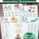 ABCs of Fall with scarecrow and 4 examples of autumn handwriting worksheets featuring A, L, P, and Z.