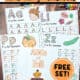 4 examples of autumn handwriting worksheets featuring A, L, P, and Z with ABCs of Fall cover page with cute scarecrow.