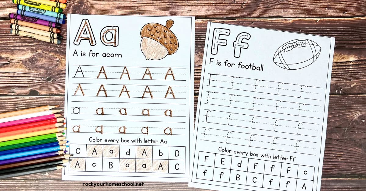 Examples of fall handwriting worksheets with A is for acorn and F is for football pages.