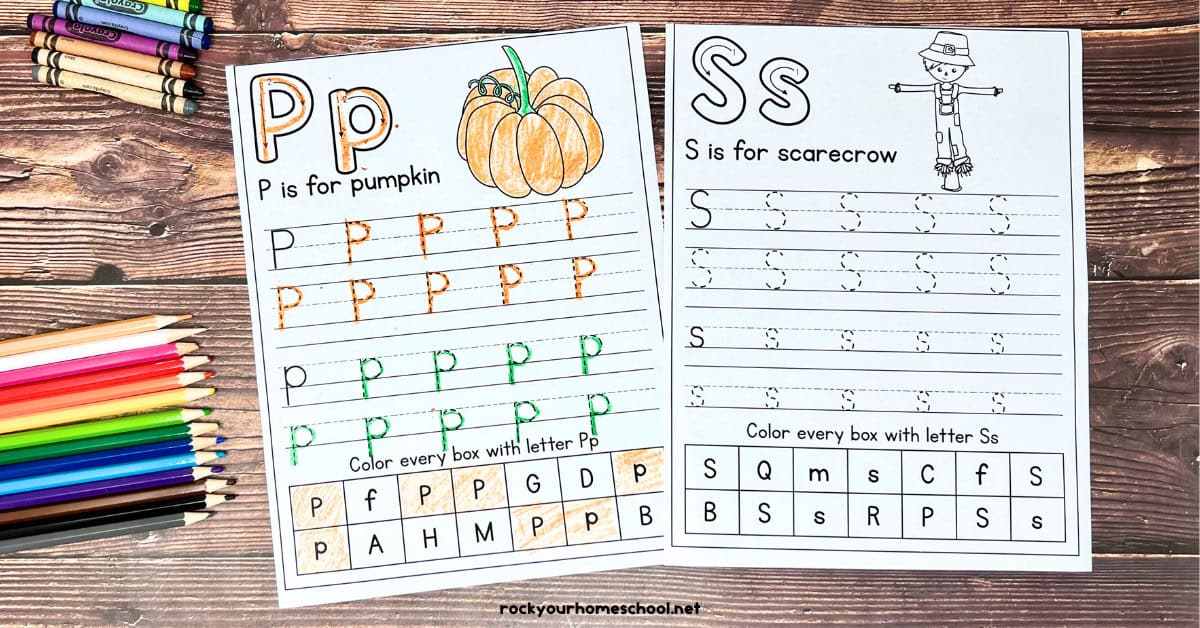 Fall alphabet handwriting worksheets featuring P is for pumpkin and S is for scarecrow.