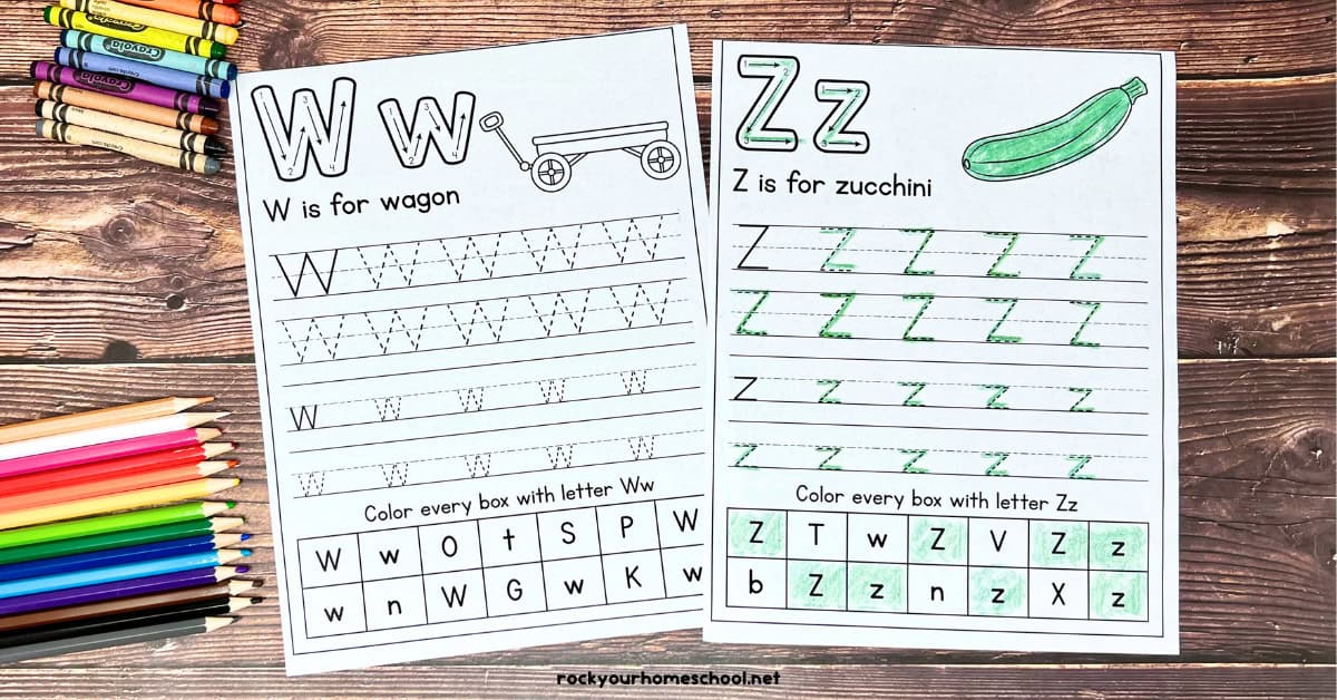 Pages from free printable autumn alphabet handwriting worksheets featuring W is for wagon and Z is for zucchini.