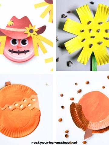 4 example of fall paper plate crafts featuring scarecrow, sunflower, inside a pumpkin, and acorn.