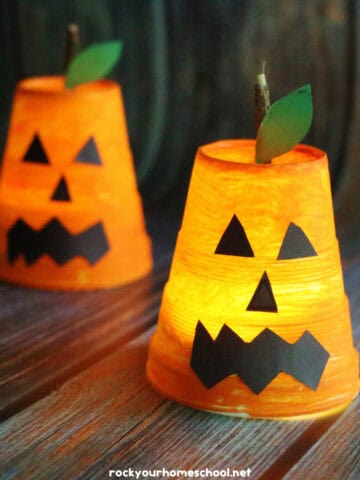 2 light up jack o lantern crafts using cups and flameless tealights.