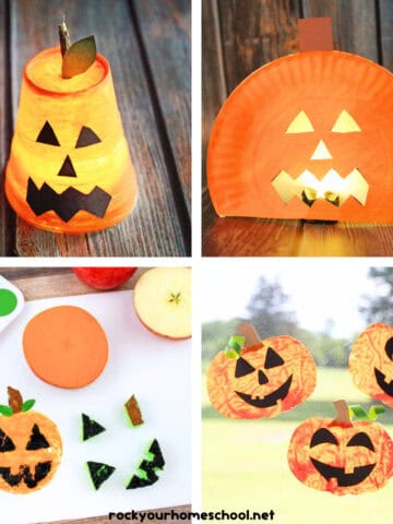 4 examples of jack o lantern crafts for kids including easy glowing cups, paper plate light up, painted apple stamps, and melted crayon suncatchers.