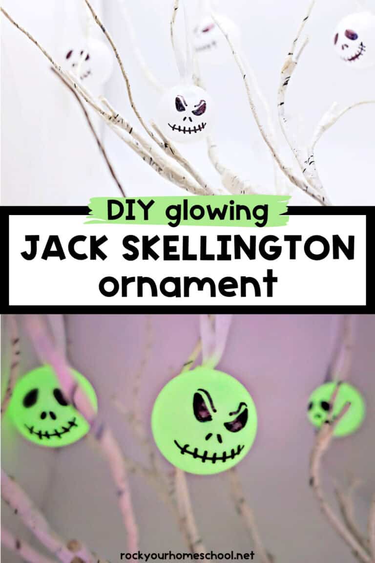 Examples of glow-in-the-dark DIY Jack Skellington ornament.