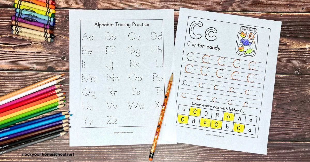 Halloween alphabet tracing practice chart and C is for candy example.