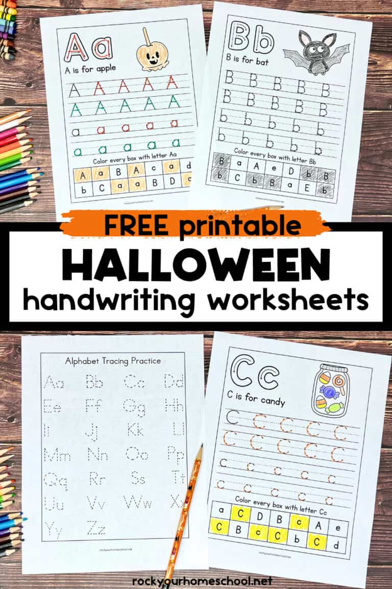 Examples of Halloween handwriting worksheets featuring A is for apple, B is for bat, C is for candy, and alphabet tracing practice.