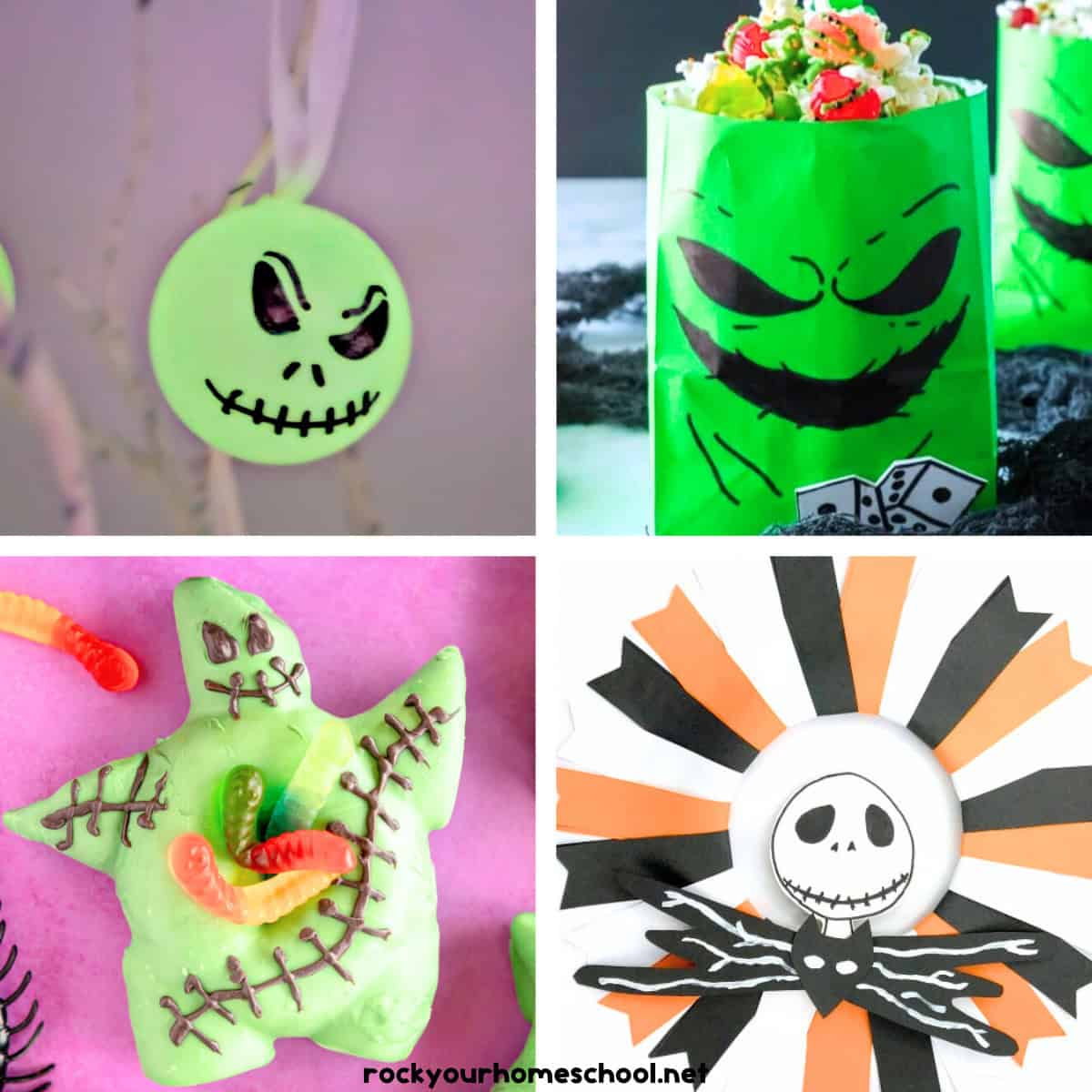 4 examples of Nightmare Before Christmas movie night ideas with Jack Skellington ornament, Oogie Boogie popcorn, donut treat, and wreath.