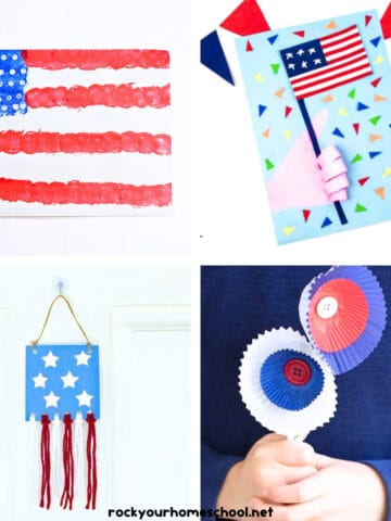 4 examples of easy Veterans Day crafts for kids including American flag painting activity, handprint flag card, cupcake liner patriotic flowers, and more.