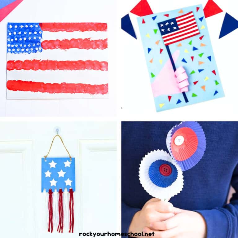 4 examples of easy Veterans Day crafts for kids including American flag painting activity, handprint flag card, cupcake liner patriotic flowers, and more.