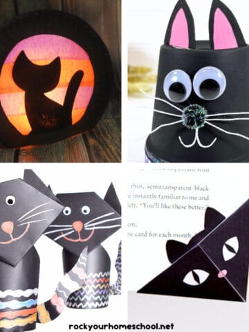 4 examples of cute black cat crafts for kids including Halloween luminary craft, clay pot, folded paper, and corner bookmark.