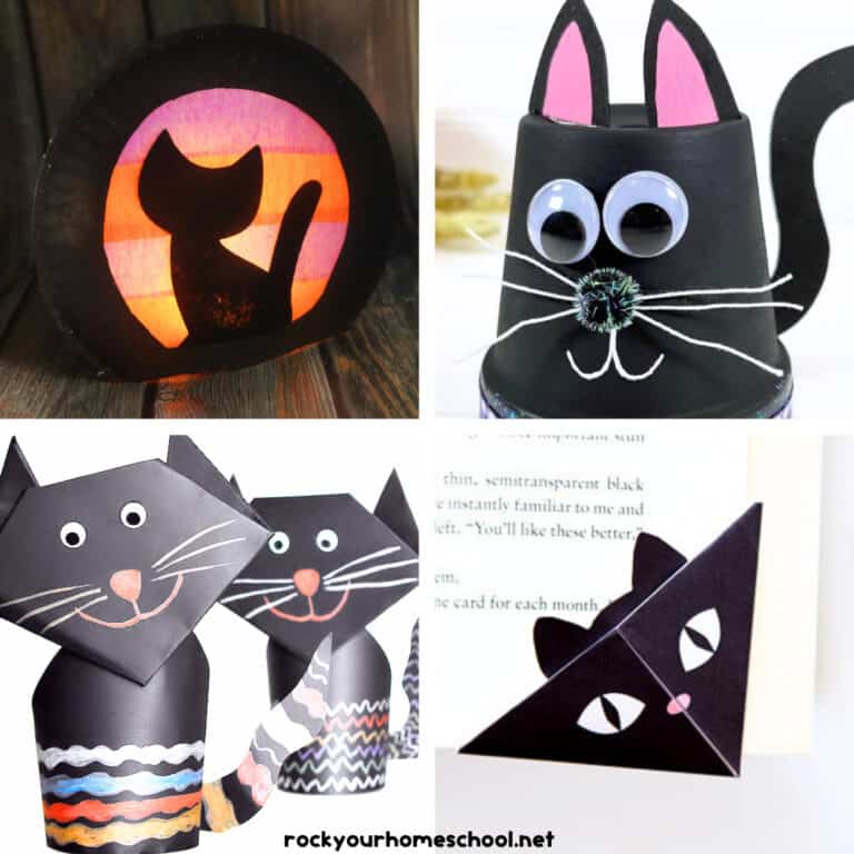 4 examples of cute black cat crafts for kids including Halloween luminary craft, clay pot, folded paper, and corner bookmark.