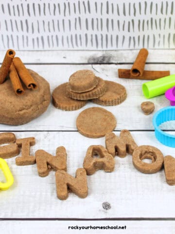 Example of cinnamon playdough recipe with cinnamon sticks and the letters C I N N A M O N.