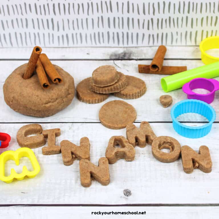 Example of cinnamon playdough recipe with cinnamon sticks and the letters C I N N A M O N.