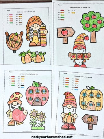 4 examples of free printable fall gnome color by number pages.