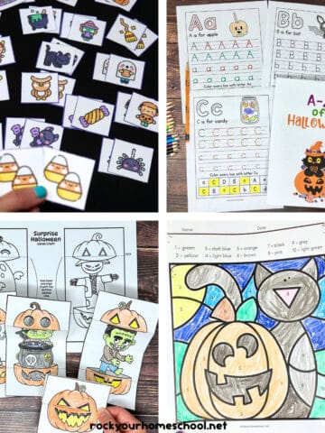 4 examples of free Halloween printables for kids including memory game, print alphabet handwriting worksheets, surprise coloring cards, and color by number page.