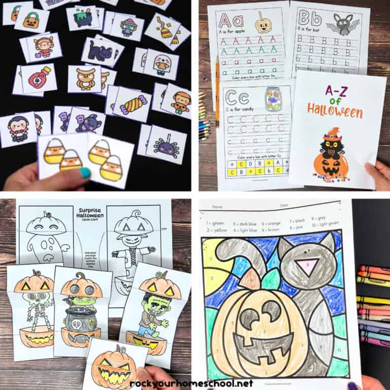 4 examples of free Halloween printables for kids including memory game, print alphabet handwriting worksheets, surprise coloring cards, and color by number page.